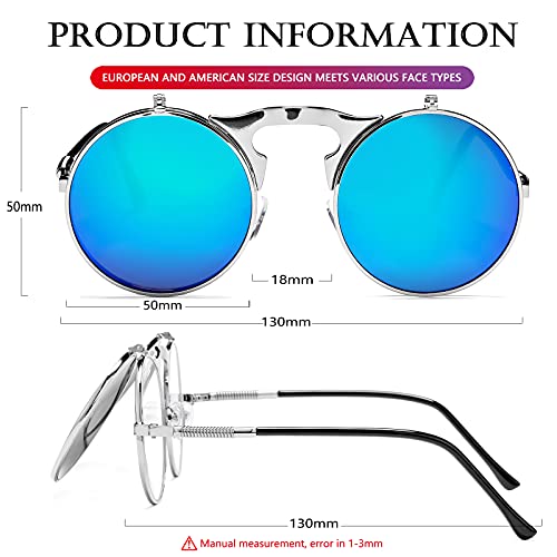 AIEYEZO Round Flip Up Sunglasses for Men and Women Rave Flip Glasses 90's Retro Steampunk Style - color: Silver/Ice Blue Mirror