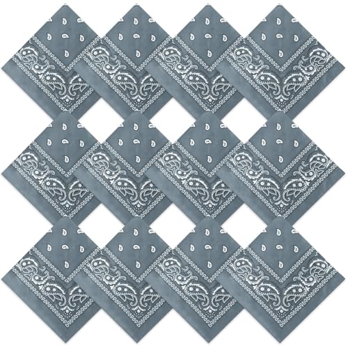Suhine 12 Pcs Bandanas Bulk for Women Men 22 x 22 Inch Paisley Headband Cowboy Handkerchief Summer Beach Party Costume - color: Light Gray