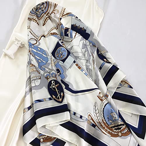Julunar Silk Like Head Scarf for Women - Satin Large Hair Scarves - 35" Square Silk Hair Wrap for Sleeping with Gift Packed - color: A004-1 Pirate Ship White