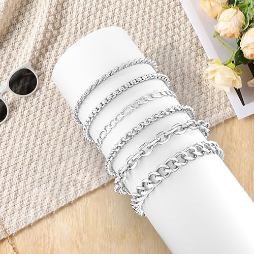 6PCS Stainless Steel Bracelets for Men Women, Silver Gold Black Cuban Link Rope Box Wheat Chain Paperclip Figaro Jewelry Set, 7/8/9 Inches - color: Silver, size: 9 inches