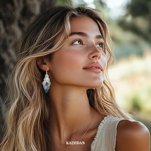 Silver Dangle Earrings For Women Trendy,Boho Cute Drop Western Earings,Vintage Gothic Ethnic Statement Beach Vacation Long Earrings with Leaf Teardrop Turquoise Crystal Tassels,Fashion Jewelry Birthday Gift. - color: A4) Clustered leaves Drop