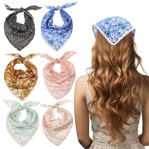 6 Pcs Floral Head Scarf Hair Bandanas Colorful Floral Bandana Headband Triangle Head Kerchief Women Bandana Print Chiffon Boho Hair Scarf Neck Scarves Hand Wrap Hairbands