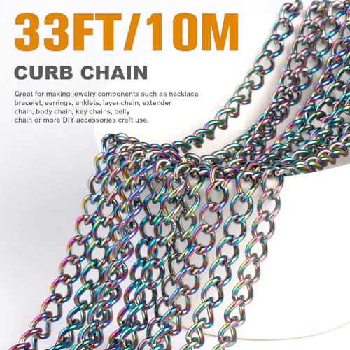 33FT Colorful Stainless Steel Curb Chains Roll, 4mm 304 Stainless Steel Multi Color Flat Twisted Links Curb Chains Bulk Spool for Jewelry Making DIY Craft - color: Colorful, size: 4.0mm width