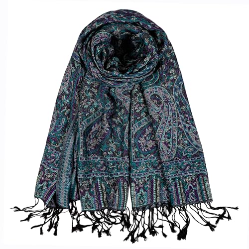 AUSEKALY Pashmina Feel Shawls Wraps for Women Rave Scarf Soft Silky Reversible Men Scarves - color: Black Green Purple