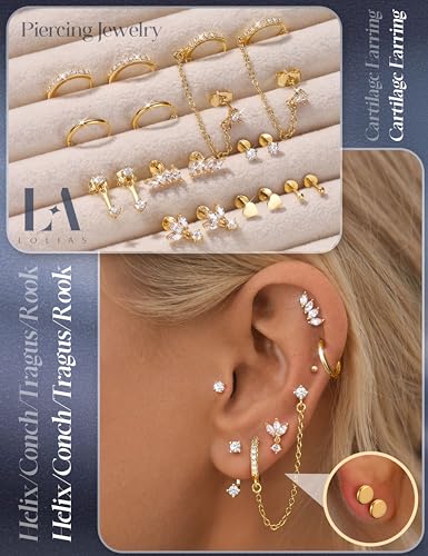 LOLIAS 16G/18G/20G Flat Back Earrings for Women Threadless Surgical Steel Stud Hoop Earrings Push in Nose Studs Hypoallergenic CZ Cartilage Earring Set Labret Helix Tragus Conch Piercing Jewelry - color: 14K Gold, size: 20G(0.8MM)-Leaf&Wings