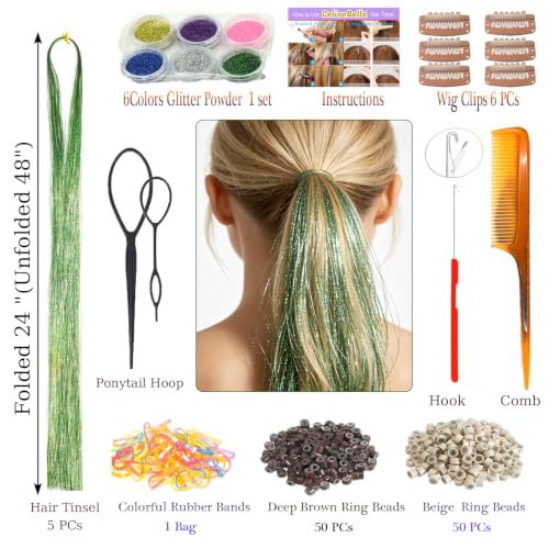 Celinebella Glitter Lime Hair Tinsel, 1250 Strands Light Green Shimmer | Bright light green lime shade, diamond-like sparkle, heat resistant, ideal for St. Patricks Day cosplay themed parties - color: 10-Glitter Lime, size: 48 Inch Pack of 5Pcs