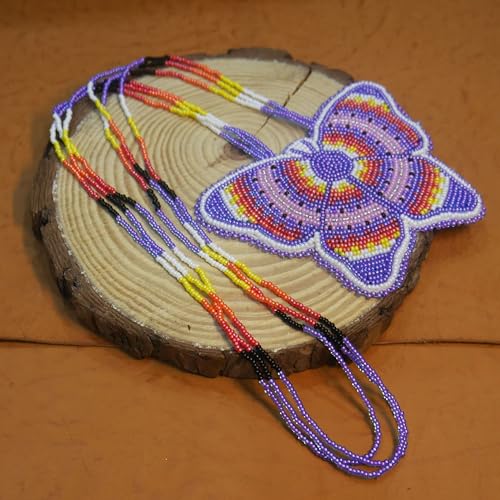 Handmade Native American Style Tribal ethnic Seed Bead Beaded Layered Medallion Necklace #1 - color: Purple Butterfly