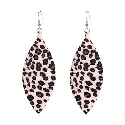 Large Genuine Soft leaf Leather Handmade Fringe Tassel Feather Lightweight Tear Drop Dangle Color Earrings for Women - color: Cow Print
