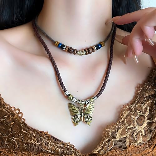 Boho Necklace for Women,Vintage Butterfly Pendant Necklaces,Adjustable Wooden Beads Layered Braided Choker,Fashion Tribal Style Leather Rope Necklace Jewelry,Chunky Statement Gift for Women - color: Brown