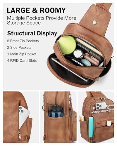 FADEON Large Sling Bag for Women, Leather Crossbody Purse Designer Anti Theft Sling Backpack, RFID Fanny Packs for Travel - color: 1 Brown Retro Style