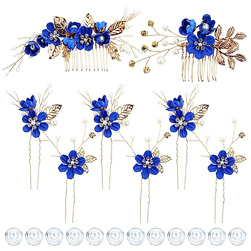 inSowni 20 Pack Classic White Dusty Pink Blue Flower Bridal Wedding Hair Side Combs+U-shaped Flower Hair Pins+Twist Spiral Pearl Hair Pins Pieces Headpieces Accessories for Brides Bridesmaids Women - color: Royal Blue
