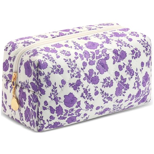 Small Makeup Bag Quilted Cosmetic Bag Floral Travel Toiletry Bags for Women Cute Pencil Case Quilted Makeup Pouch Aesthetic Coquette Cosmetic Pouch Cotton Make Up Bags Cute Zipper Pouches Purple - color: Ad-purple floer
