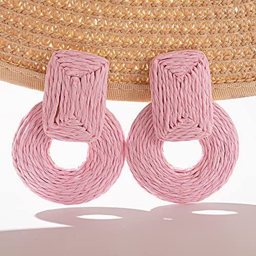 Statement Raffia Earrings Cute Boho Earrings Rattan Dangle Earrings Handmade Straw Wrap Earrings Summer Drop Dangling Earrings for Women Teen Girls - color: Pink