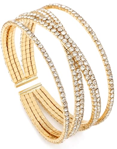 Women's Multi-Layer Rhinestone Cuff Bracelet Sparkling Crystal Tennis Bangle for Bridal Wedding Party - color: 1203 Gold