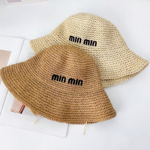 Women Straw Sun Hat Summer Beach Hats Foldable Floppy Cap Wide Brim Bucket Hat Solid Handmade Sun Protection Caps - color: Min-khaki