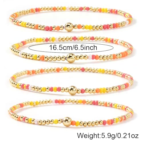 Boho 4Pcs Stack Colorful Small Seed Beaded Bracelets Set for Women, Cute Handmade Dainty Trendy Gold Plated Stretch Accessories Thin Glass Jewelry, Summer Daily Party Friendship Gift - color: Yellow