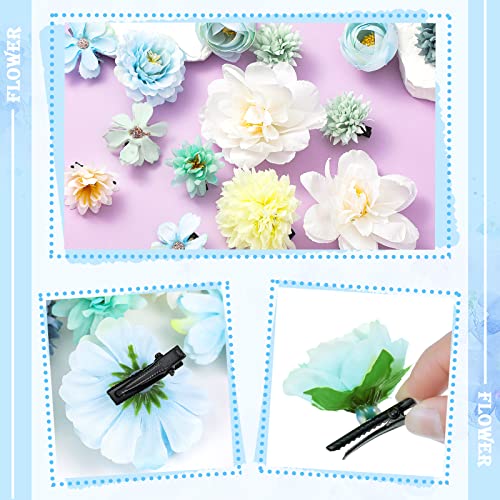 BBTO 21 Pcs Flower Hair Clip Rose Hair Clips Barrettes for Women Flower Accessories Boho Bride Claw Clip Hairpin Brooch Pin Headpiece for Wedding (Blue) - color: Blue