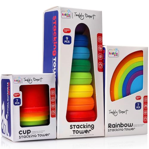 Kiddie Play Stacking Toys for Toddlers | Set of 3 Baby Toys Stacking Cups Stacking Rings and Rainbow Stacker