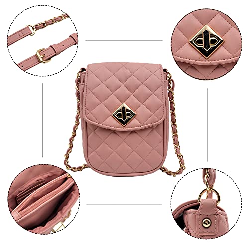 Phone Crossbody Bags for Women Small Vegan Leather Mini Shoulder Wallet Card Quilted Purse - color: B - Pink & Gold