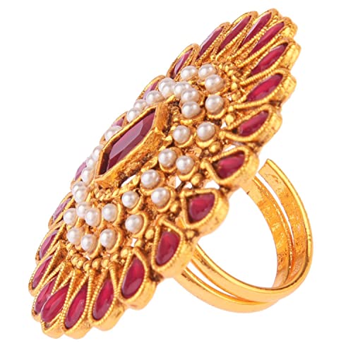Efulgenz Indian Jewelry Rings for Women Antique Round Faux Pearl Crystal Bollywood Adjustable Big Finger Ring Fashion Party Statement Jewelry for Women - color: Dark Pink