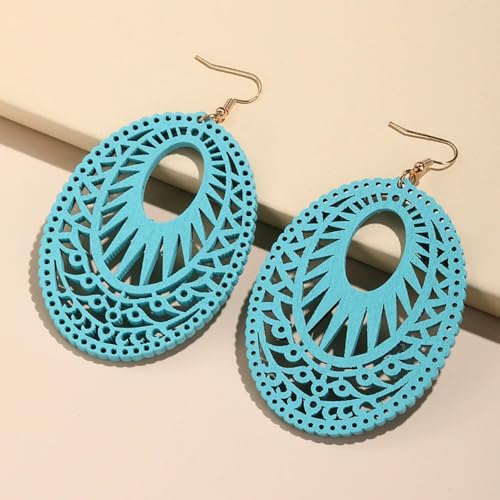 Boho Wooden Cutout Dangle Earrings for Women Bohemian Teardrop Oval Hollow Floral Pattern Drop Earrings Colorful Lightweight Statement Party Jewelry - color: Blue