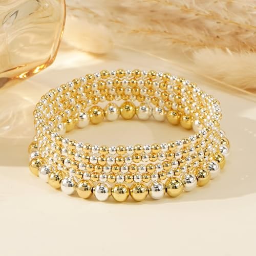 Gold Bracelets for Women Stackable 14K Gold Silver Plated Beaded Bracelets Stack Elastic Stretch Non Tarnish Bead Ball Stack Stretch Adjustable Dainty Jewelry Trendy Prom Gifts for Women - color: Gold and silver