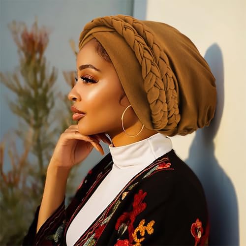 African Women Turban Caps Beanie Pre-Tied Twisted Braids Headwraps for Women Head Scarf Chemo Cancer Headwear Cap - color: 3 Pack Twisted Braid: White/Brown/Black