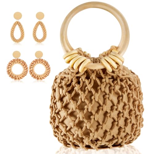 Sweetude Mini Clutch Tote Handbag 2 Pairs Rattan Earrings for Women Crossbody Bag Bohemian Woven Clutch Bucket Handbag - style: Classic