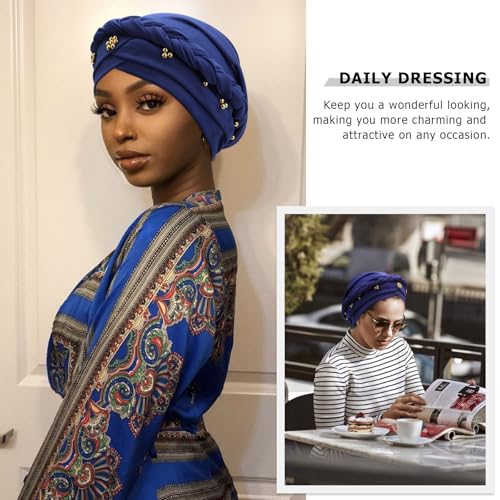 African Women Turban Caps Pre-Tied Twisted Turbans Head Scarf for Women Hair Wraps Cover Beanie Cancer Chemo Headwear - color: 1 Pack Twisted Braid: Gold Bead Blue