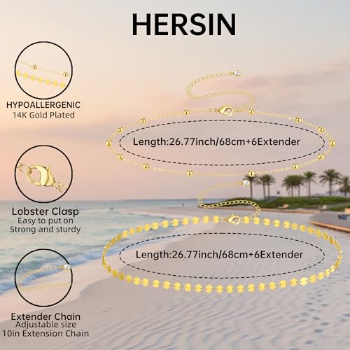 HERSIN Waist Chain for Women, 14k Gold/Silver Plated Dainty Waist Chain Cute Body Chain Gold Chain Belt for Womens Belly Chain Beach Accessories for Womens Summer Jewelry for Women Gifts - style: coinbead-GD