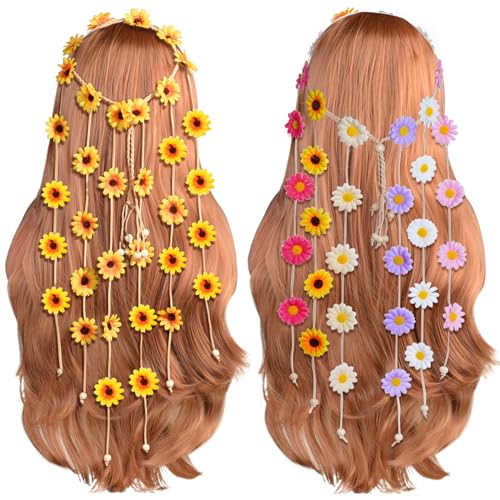 Sucrain 2pcs Flower Hippie Headband Floral Crown Summer Sunflower Hair Accessories for 70s Bohemian Costumes Style for Women(Yellow+Colorful) - color: Yellow+Colorful