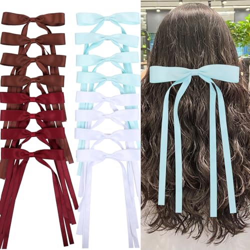 WORTL Hair Bows Clips Coquette Ribbon Bowknot with Long Tail Princess Hair Bows French Barrettes Hair Accessories for Women Girls 16PCS (Wine Red, White, Aquamarine, Brown) - color: Wine Red, White, Aquamarine, Brown