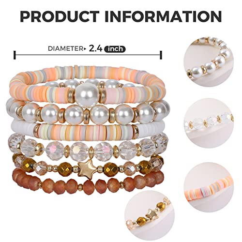 Colorful Heishi Surfer Bracelets Set for Women Stackable Clay Beaded Bracelets Disc Stretch Preppy Bracelets Smiley Face Friendship Bracelets Team Cheer Bulk Boho Summer Beach Jewelry Gift - color: Pearl Beads