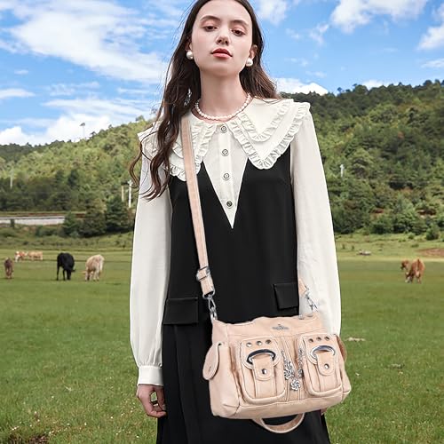 Angel Kiss Small Hobo Purses for Women, Washed Vegan Leather Multi-Pocket Purse, Shoulder Handbag with Adjustable Strap - color: Retro Apricot