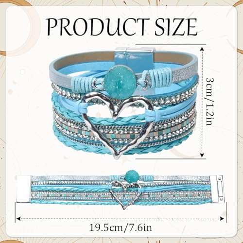 Leather Wrap Bracelet for Women, Boho Cuff Bracelet with Strong Clasp, Multi-Layer Crystal Leather Bracelet for Valentine Mother's Day - color: 01-Heart-Light Blue