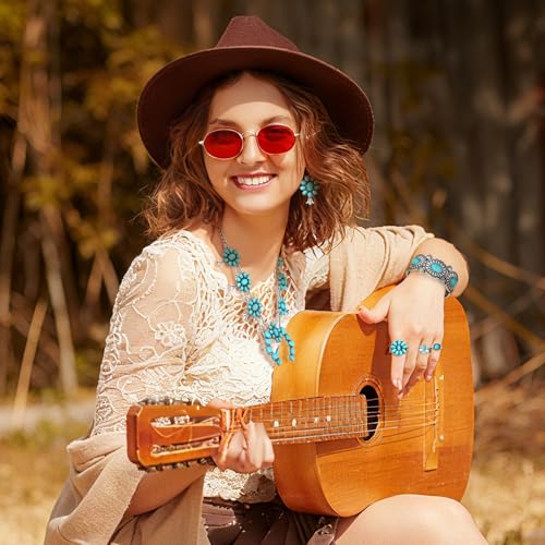 Ecally Bohemian Western Jewelry Turquoise Set Women Country Pendant Long Choker Layered Bracelets Earrings Ring for Women - color: Turquoise, style: Offbeat