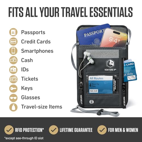 VENTURE 4TH Neck Wallet – RFID Blocking Passport Holder for Travel, Hidden Passport Wallet, Concealed Travel Wallet for Women, Men & Family (Gray) - color: Gray