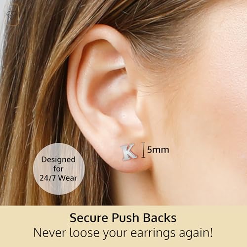 14k Gold Small Script Initial Letter Stud Earrings for Women | Anti Tarnishing 5mm 14k Gold Studs | A-Z Alphabet Earrings with Gift Box by MAX + STONE - style: K | White Gold