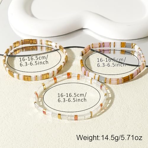 Tila Flat Square Stack Beaded Bracelets Set for Women Men, Boho 3Pcs Romantic Handmade Healing Gold Colorful Stretch Accessories Jewelry, Daily Vacation Party Holiday Friendship Gift - color: Light Pink