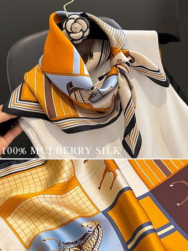 100% Mulberry Silk Scarf for Women Hair Lightweight Square Neckerchief Wrap For Head Scarves 21" - color: 25-orange Horse /21"*21"