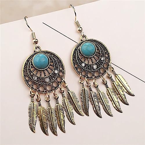 Boho Turquoise Drop Earrings Retro Long Copper Feather Tasse Metal Leaf Dangle Earrings Vintage Country Western Jewelry Cowgirl Ethnic Style Geometric Concert Festival Accessories for Women - color: Gold Feather