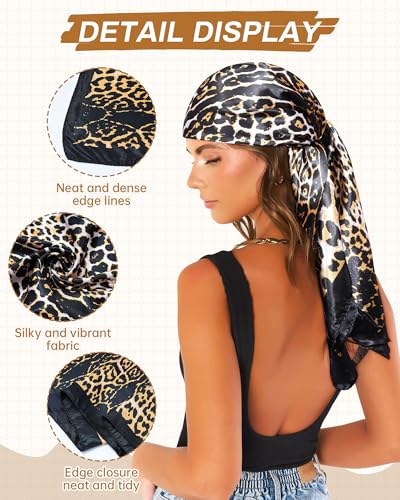 Mesovor 35” Square Head Scarf for Women, 3 Pack Like Silk Satin Headscarf Hair Neck Scarf Top Bandanas for Sleeping - color: Leopard(black/Yellow/Coffee)