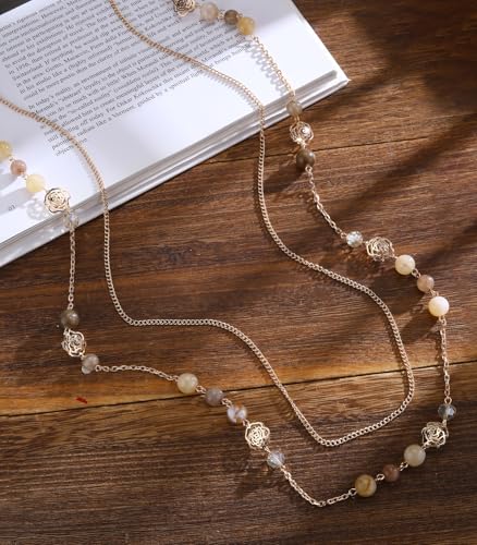 FULU AUTUMN Boho Gold Long Necklaces for Women Natural Stone Beaded Layered Long Necklace Mothers Day Gifts Dainty Flower Costume Jewelry for Women - color: Camel