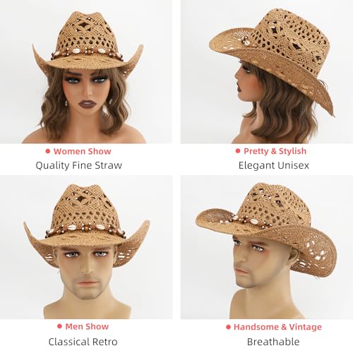 Straw Cowboy Hat, Western Cowgirl Hat, Wide Brim Sun Beach Hat for Men and Women - color: Khaki-m26