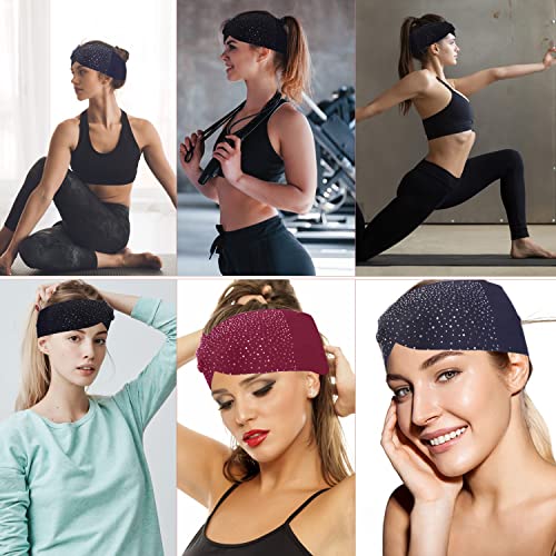 Rhinestone Boho Headbands, 3 Pack Crystal Stretch Turban Headbands with African Cotton Fabric - Fashion Hair Scarfs - color: Navy & Black & Burgundy