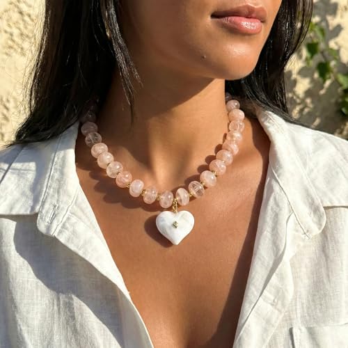 Elegance 11 designs Chunky Heart Necklace for Women, Colorful Acrylic Beaded Statement Puff Heart Necklace, Cute Boho Y2K Choker Necklace for Gift Jewelry - color: Pink Heart Pendant Necklace