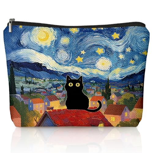 Black Cat Makeup Bag, Black Cat Mom Lovers Lady Gifts Cosmetic Bag for Women, Pet Lover Gifts, Celestial Starry Night Kitten Small Toiletry Bags Zipper Makeup Pouch - color: 02-Cat(08)-Starry Night