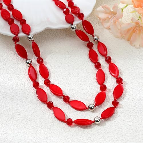 Long 48" Beaded Necklace for Women Boho Knot Strand Chunky Shell Crystal Beads Fashion Costume Jewelry for Gifts - color: Red