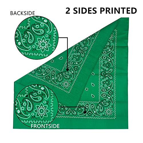 Vamqor 12pcs Bandana for women and men 100% Cotton Custom Fashion Paisley Design Multifunctional Outdoor Square Handkerchief - color: Green