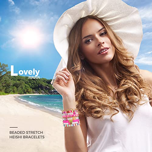 Colorful Heishi Surfer Bracelets Set for Women Stackable Clay Beaded Bracelets Disc Stretch Preppy Bracelets Smiley Face Friendship Bracelets Team Cheer Bulk Boho Summer Beach Jewelry Gift - color: Pink Preppy Beads